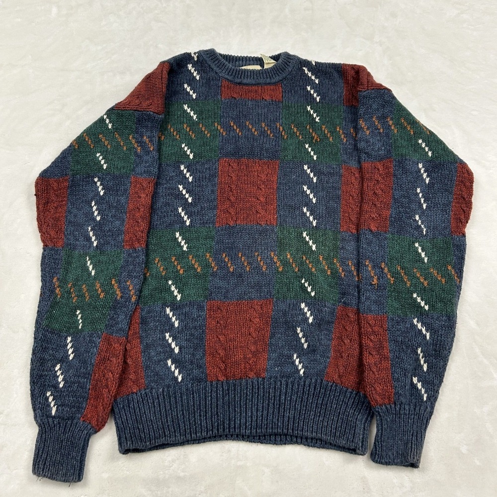 St. John's Bay Sweater Mens MT Blue Red Green Colorblock Ramie Cotton Knit